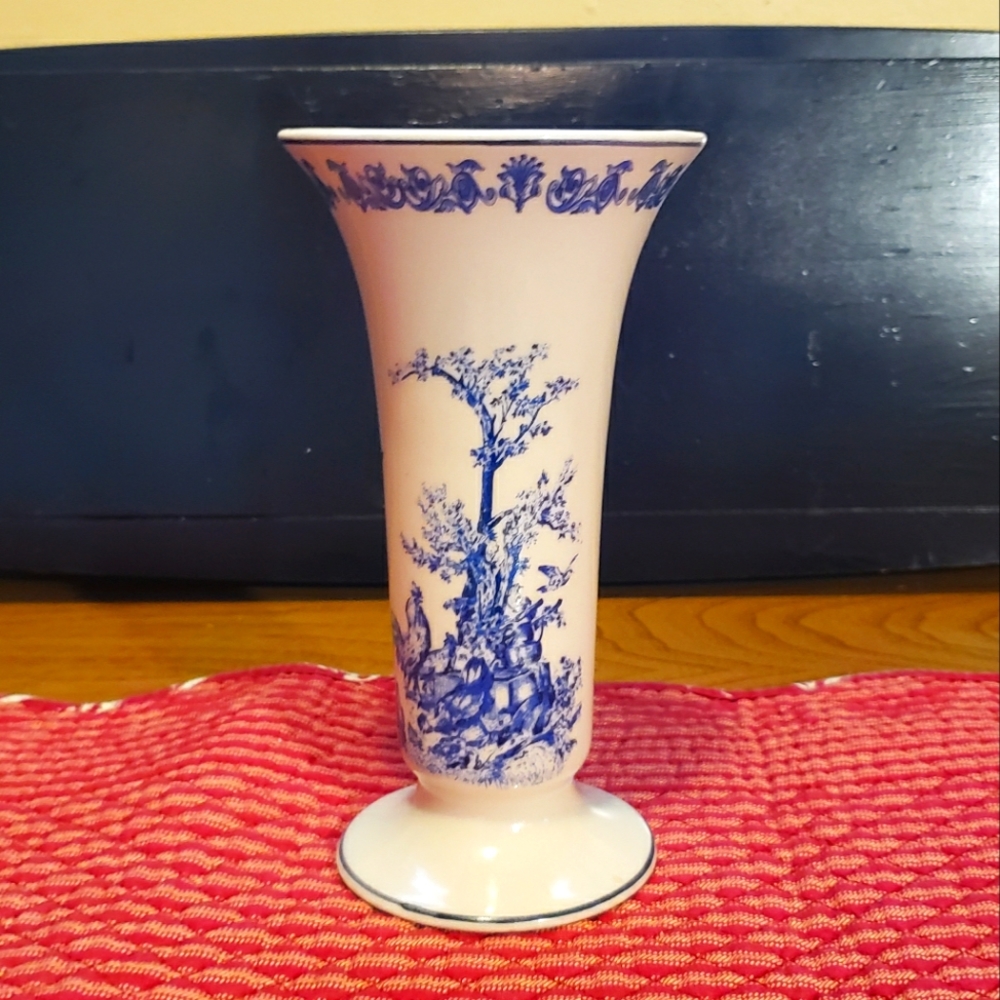 Vintage Blue Toile de Jouy Glass Vase